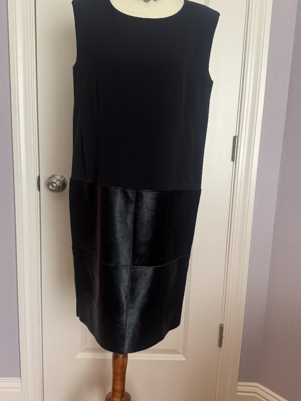 Lafayette 148 New York Black Sheath Dress Genuine Fur Trim Sz 8 NWT